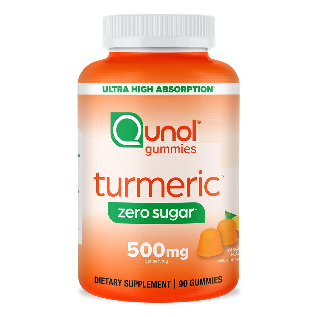 Qunol Zero Sugar Turmeric Gummies 500mg, Ultra High Absorption Gummy, 90 ct | Gluten Free Supplement that Supports Joint Health and a Healthy Inflammation Response, Great Tasting Tangerine Flavor