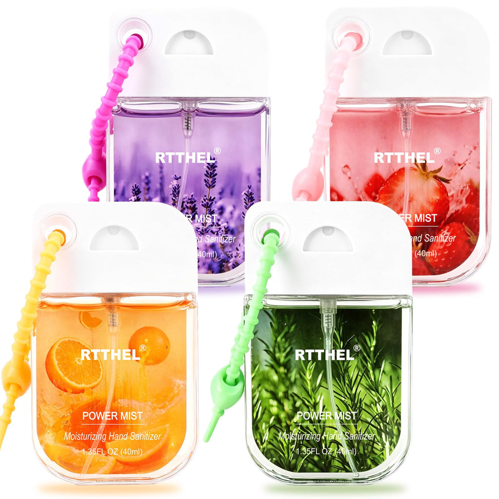 4Pack Hand Sanitizer Spray Keychain, Mini Travel-Size Portable Power Mist Sprayer for Women Teens Kids, Enriched with Mineral Oil & Aloe Vera for Moisturizing (Vanilla, Strawberry, Orange, Lavender)