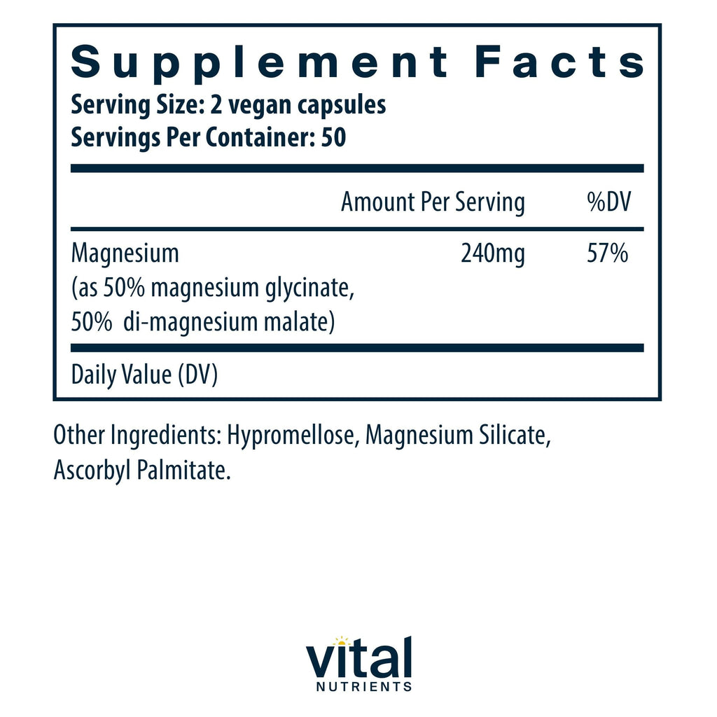 Vital Nutrients Magnesium Glycinate + Malate - 120mg Vegan Magnesium Supplement for Women and Men - Muscle, Heart, Bone Support* - Promotes Relaxation - Gluten, Dairy and Soy Free - 100 Capsules