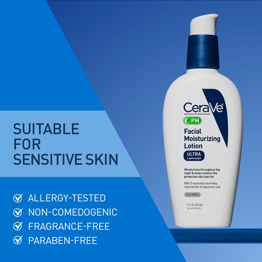 CeraVe PM Facial Moisturizing Lotion, Skin Care for Dry Skin, Oil-Free, 3oz | Skin Care with Hyaluronic Acid & Niacinamide, Face Moisturizer For Men & Women, Skin Barrier Repair, Daily Oil-Free Lotion