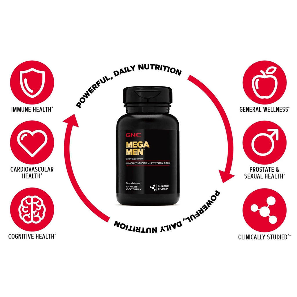 Buy now GNC Mega Men Multivitamin Caplets, Clinically Proven to Feel Better, Immune Support, Energy Support, Antioxidants, B Vitamins, Vitamin D-3, Timed Release, 90 Count, 45 Day Supply at indiglob india