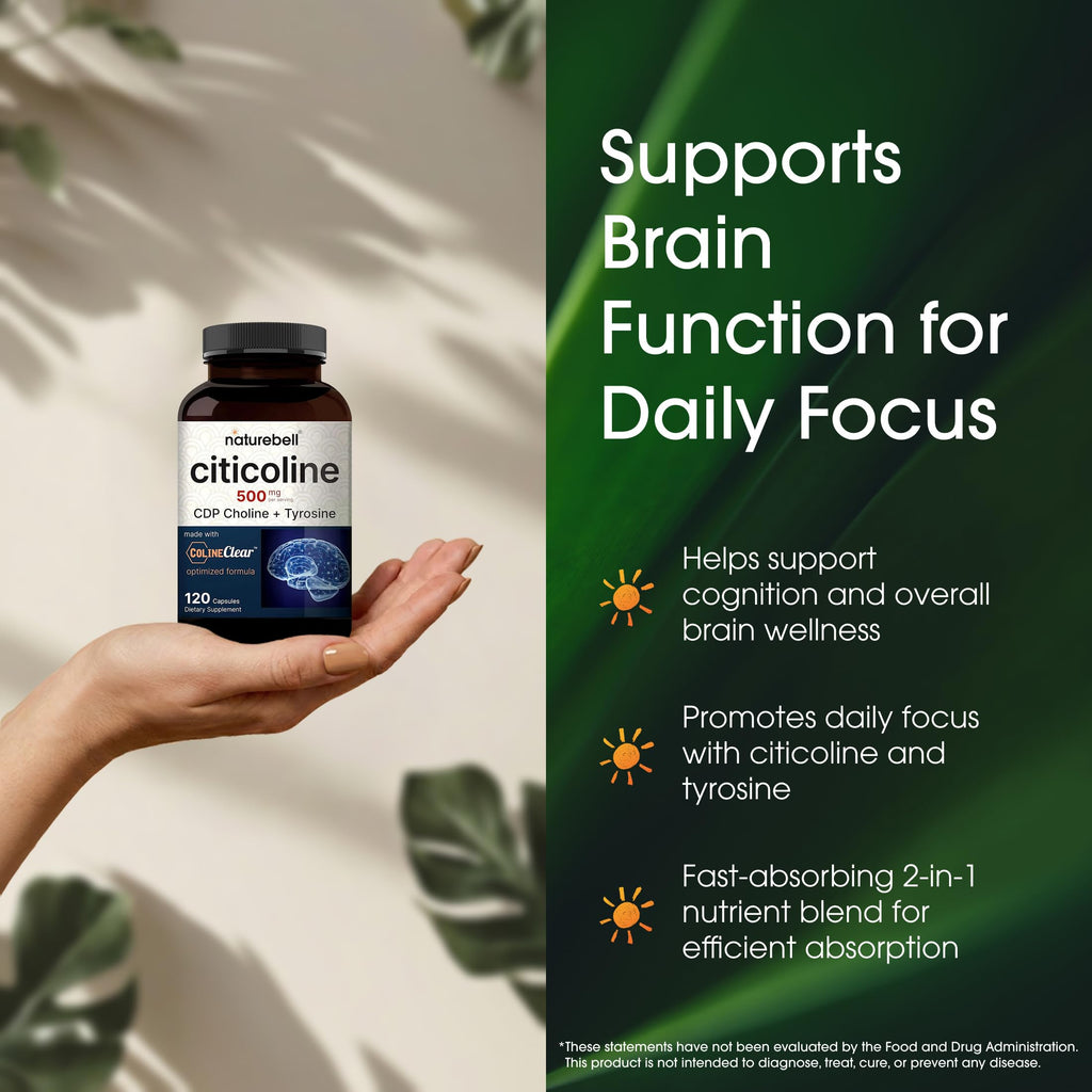 NatureBell Citicoline 500mg - 120 Capsules - Brain Function Support for Adults - Memory & Focus Aid with CDP Choline & Tyrosine - Fast-Absorbing Formula* - Non-GMO & Gluten-Free