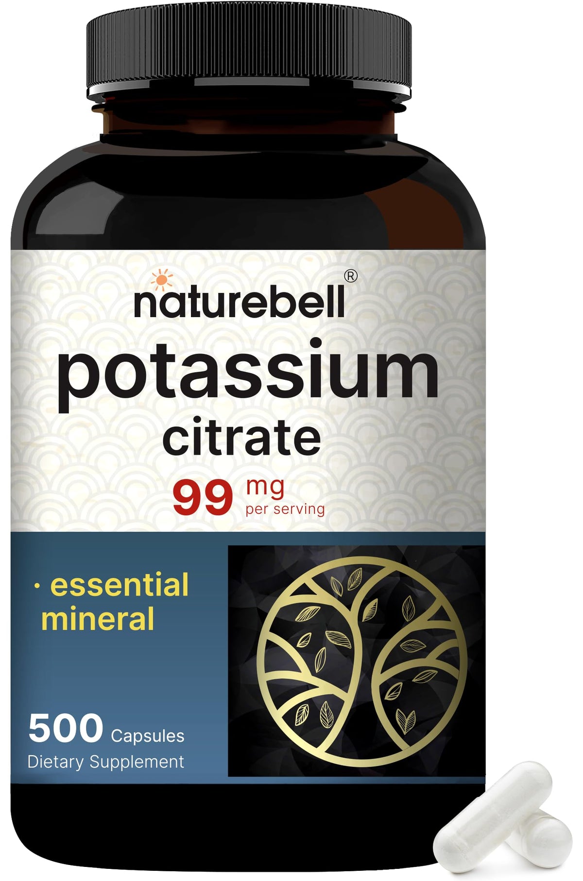 NatureBell Potassium Citrate 99mg, 500 Capsules - Chelated Mineral Supplements - Non-GMO, Gluten Free