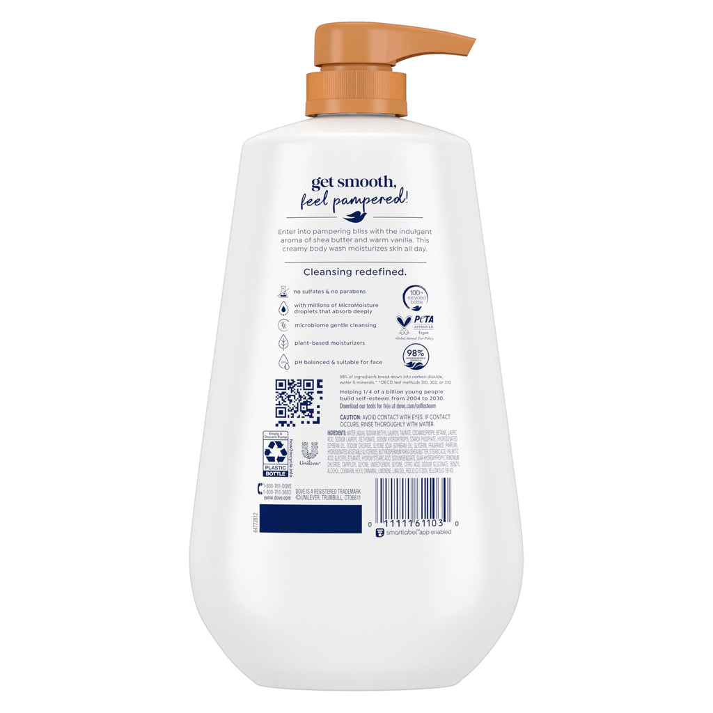 Dove Body Wash Pamper Shea Butter & Vanilla 30.6 oz Pump, Sulfate Free | Dove Shea Butter & Vanilla Body Wash nourishes skin for 24 hours with MicroMoisture technology and warm vanilla scent.