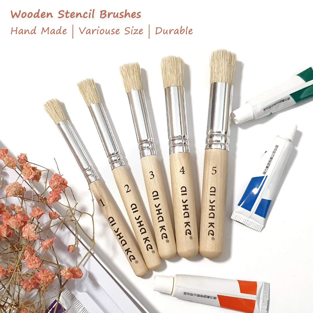 Stencil Brushes Set, 5 Pcs Natural Bristle Wooden Handle Template Brushes for Wood Wall Model House Painting, Stencil Projects, Card Making, DIY, Crafts and Acrylic Oil Watercolor Painting