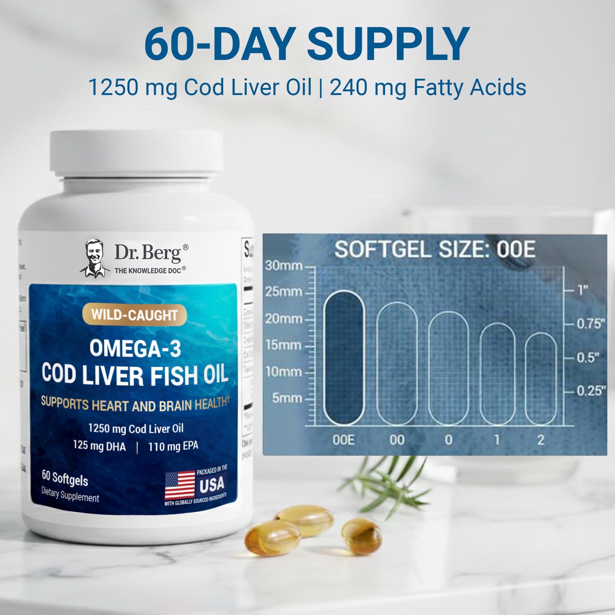Dr. Berg Omega-3 Cod Liver Fish Oil 60 Softgels – Wild-Caught Icelandic Cod – Omega 3 EPA & DHA – Heart, Brain, Immune & Eye Support* – Lemon Flavor – 4X Lab-Tested – Non-GMO, No Fillers