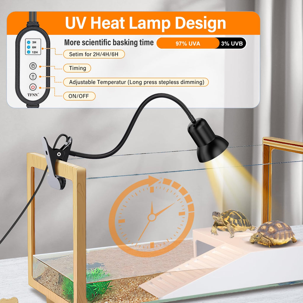 TFNN Reptile Heat Lamp, Heat Lamp with Clamp, UVA UVB Reptile Light with Intelligent Cycle Timer for Turtle, Bearded Dragon, Lizard and More, 2 Bulbs 50W+75W