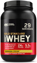Buy now Optimum Nutrition Gold Standard 100% Whey Protein Powder, Banana Cream, 2 Pound (Packaging May Vary) at indiglob india