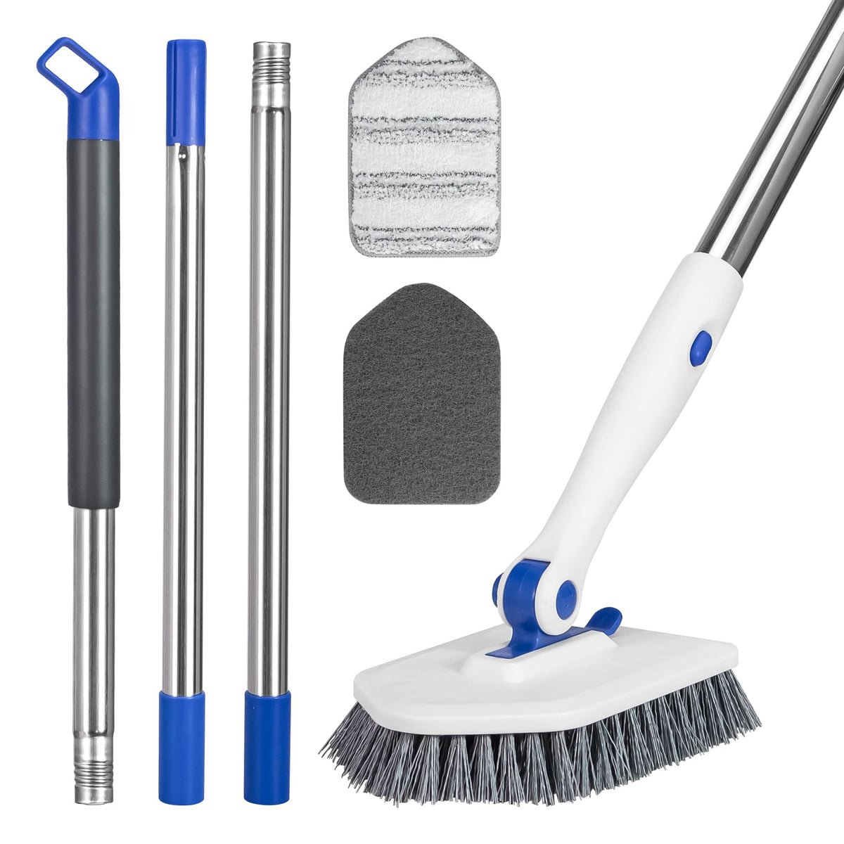 Tile Tub Scrubber Brush with 52-inch Adjustable Long Handle 3-in-1 Rotatable Shower Brush for Cleaning，3 Different Replacement Brush Heads for Cleaning Tub Tile Bathroom Kitchen Walls ，Blue