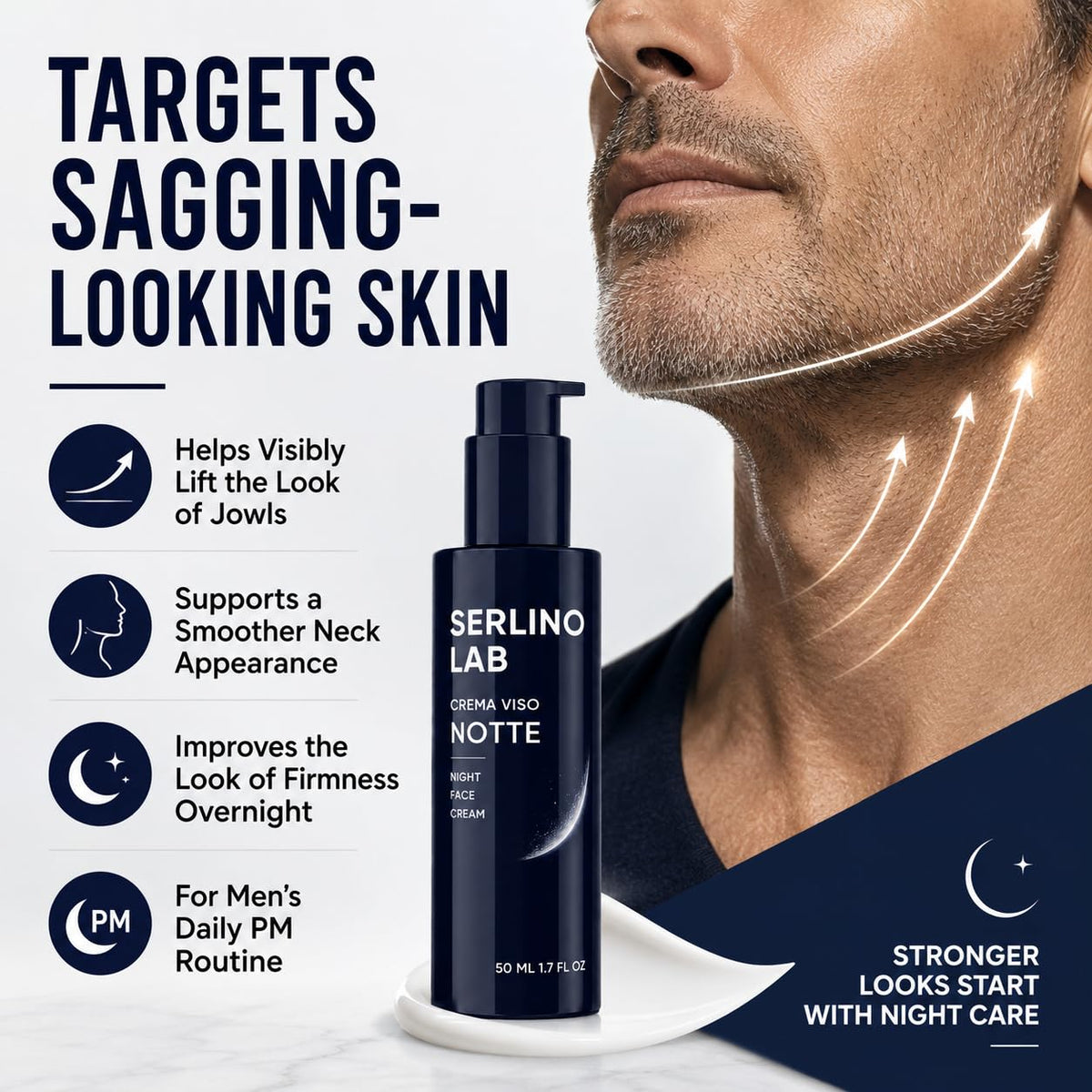 Serlino Lab Night Face Cream for Men - Retinol Night Cream with Hyaluronic Acid & Olive Oil, Collagen Boosting Face Moisturizer, Firms Men's Sagging Neck & Jowls, Reduces Deep Wrinkles, 1.7 Fl Oz