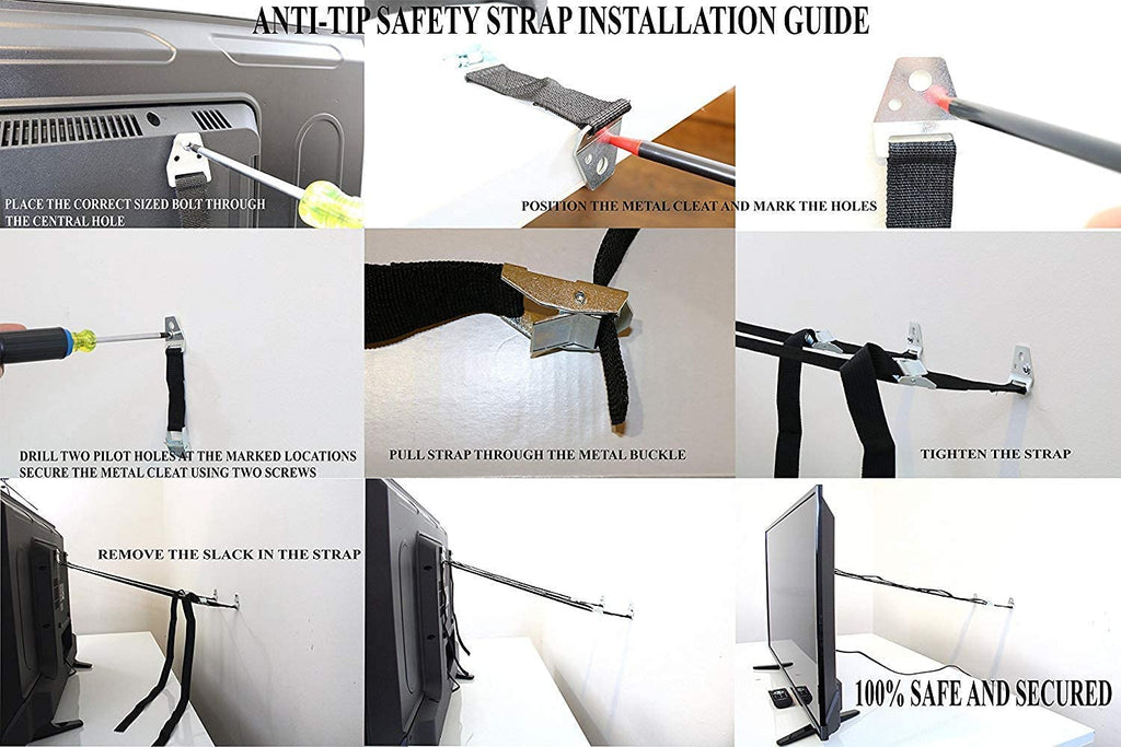 Heavy Duty Metal Anti Tip Straps - Adjustable Safety Furniture Wall Anchors for Baby Proofing Flat Screen TVs, Dressers, Bookcases, Cabinets - No Plastic Parts - Pack of 2
