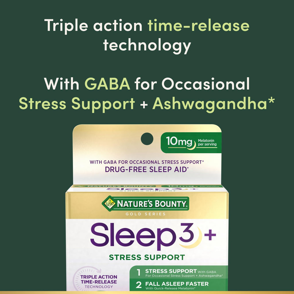 Nature's Bounty Stress Support Plus Melatonin, 56 Tri-Layered Tablets | Sleep3 Maximum Strength 100% Drug Free Sleep Aid, Dietary Supplement with Ashwagandha, Time Release Technology, 10mg