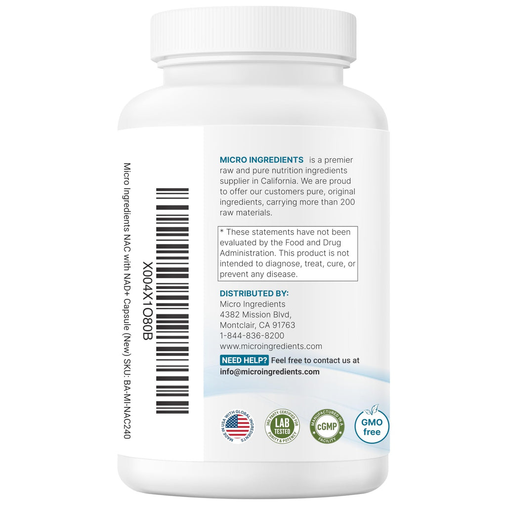 Micro Ingredients NAC with NAD+, 1200mg Per Serving, 240 Veggie Capsules