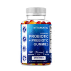 Vitamatic Sugar Free Probiotic + Prebiotic Gummies, 60 Count | 5 Billion CFU Bacillus Coagulans per serving, Support Digestive Health and Gut Flora Balance*, Non-GMO, Made in USA