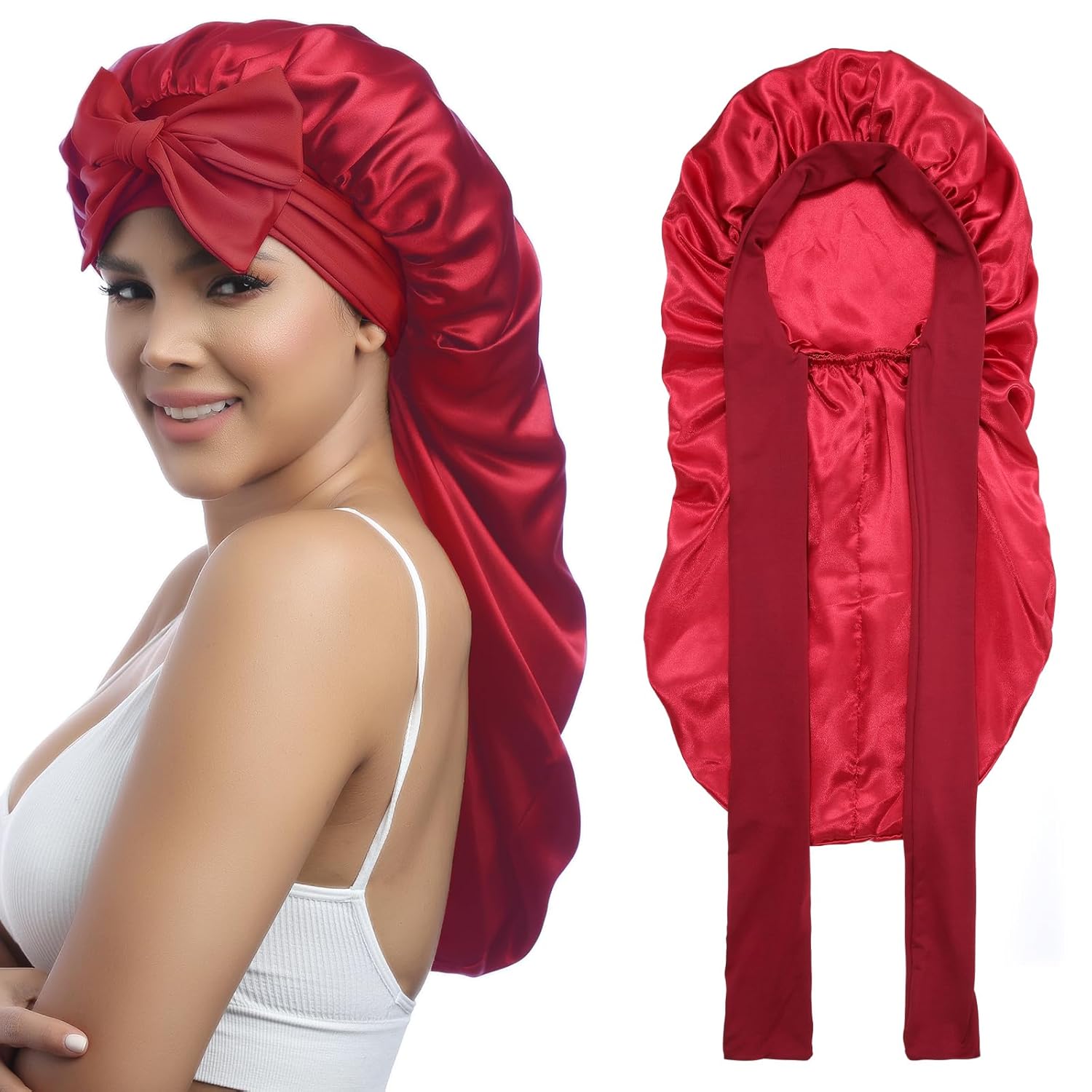 Buy now AWAYTR Long Satin Bonnet for Women - Double Layer Elastic Silk Bonnet for Braids Hair Sleeping Cap with Tie Band (Rose Gold) One Size Wine Red at indiglob india