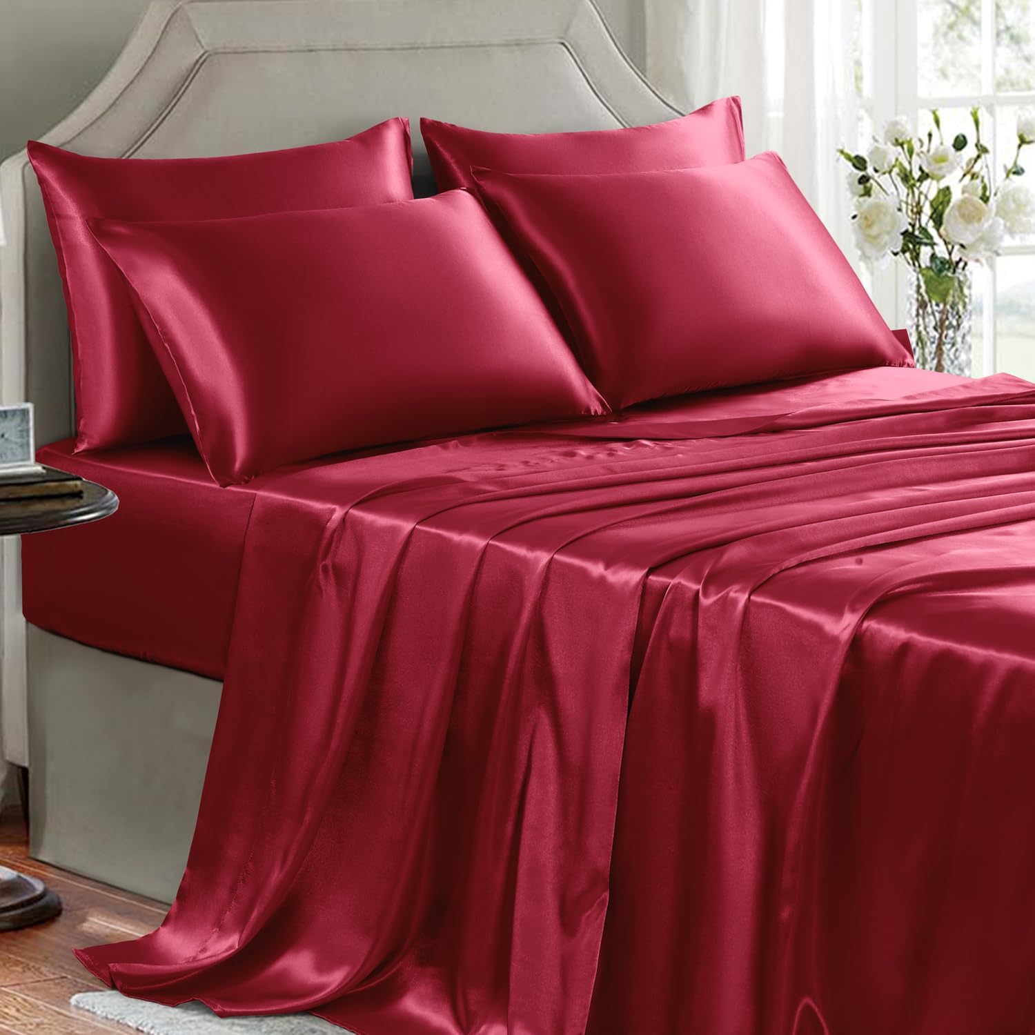 Buy now Satin Sheets King Size - 4 Pieces Luxury Silky Soft Bed Sheets, Wrinkle-Free Gold Satin Silk Sheet Set with 1 Deep Pocket Fitted Sheet, 1 Flat Sheet, 2 Pillow Cases Queen(6Pc) Burgundy at indiglob india