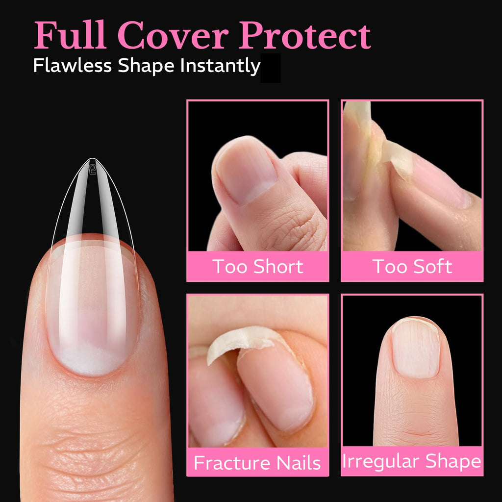 Authentic medium almond nail tips, 600 pieces. Full cover for every nail shape, ensuring flawless nail enhancements.