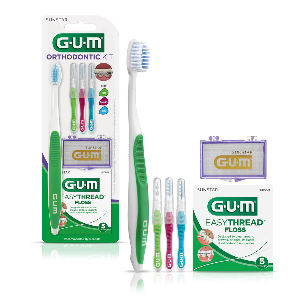 GUM Orthodontic Kit with Toothbrush, 3 Proxabrush Sizes, Shred-Resistant EasyThread Floss and Ortho Wax