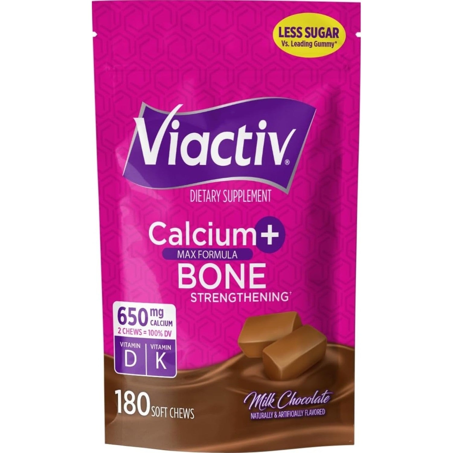 Viactiv Calcium + Vitamin D Supplement Soft Chews, 60 Count, Caramel | for Women & Men, Chewable Calcium for Bone Health Support, 650 mg per Serving, Vitamin D & K for High Absorption