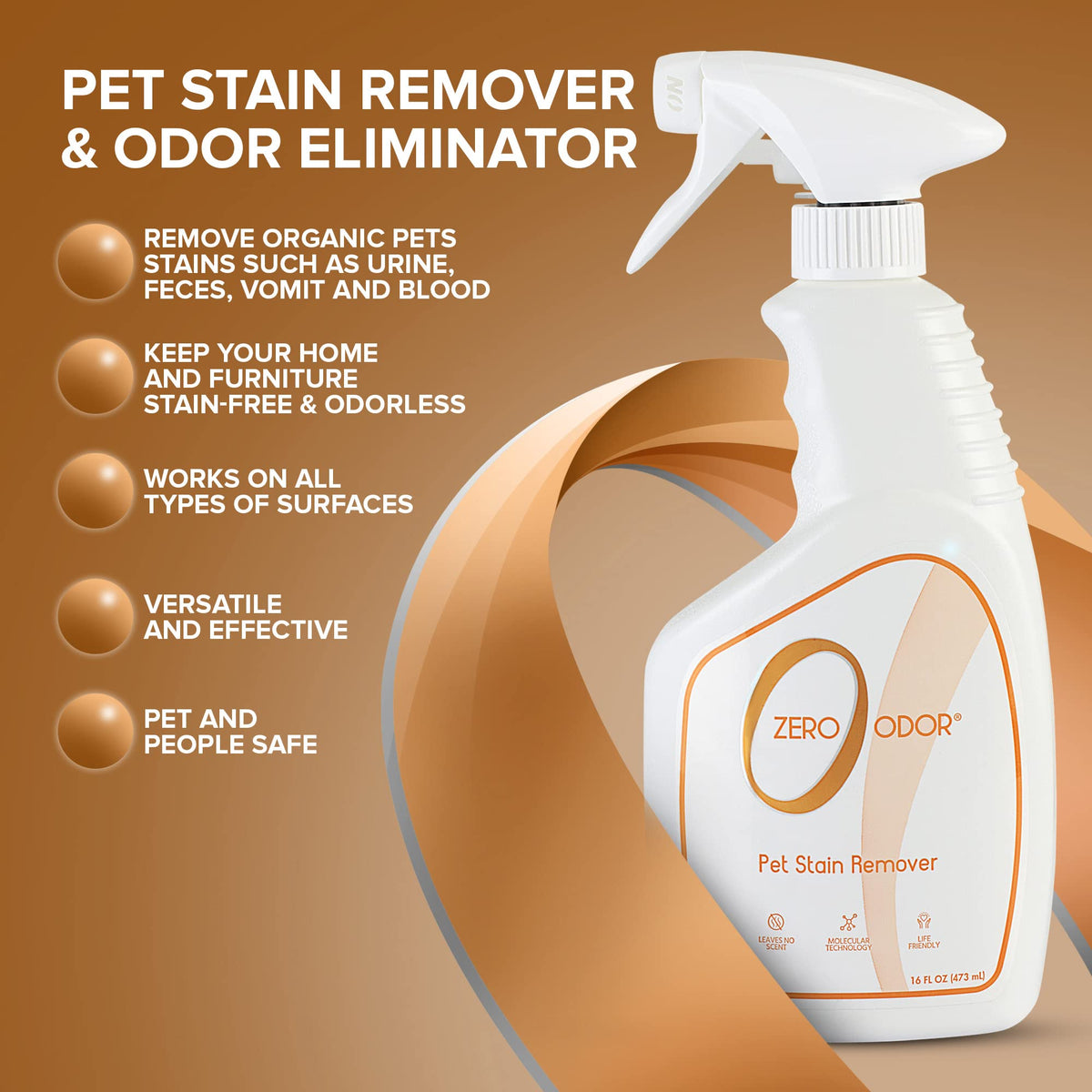 Zero Odor Pet Stain Remover & Odor Eliminator Spray for Carpet, 16 oz