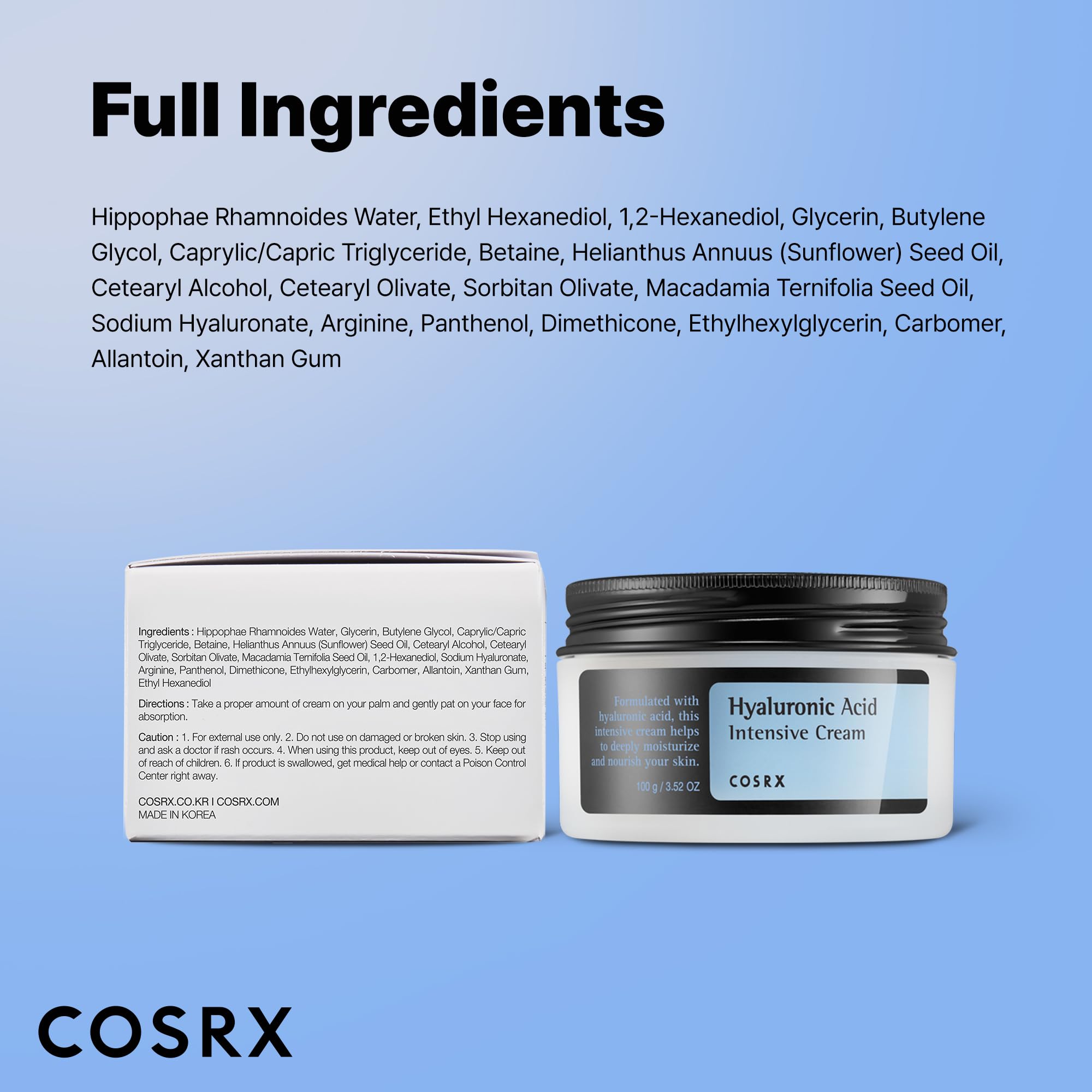 COSRX Hyaluronic Acid Cream, Daily Moisturizer for Sensitive Skin, 3.52 oz | Lightweight, Non-Greasy, Long-lasting Hydration for Glass Skin, Moisture Barrier Repair, Korean Skin Care, 3.52 oz
