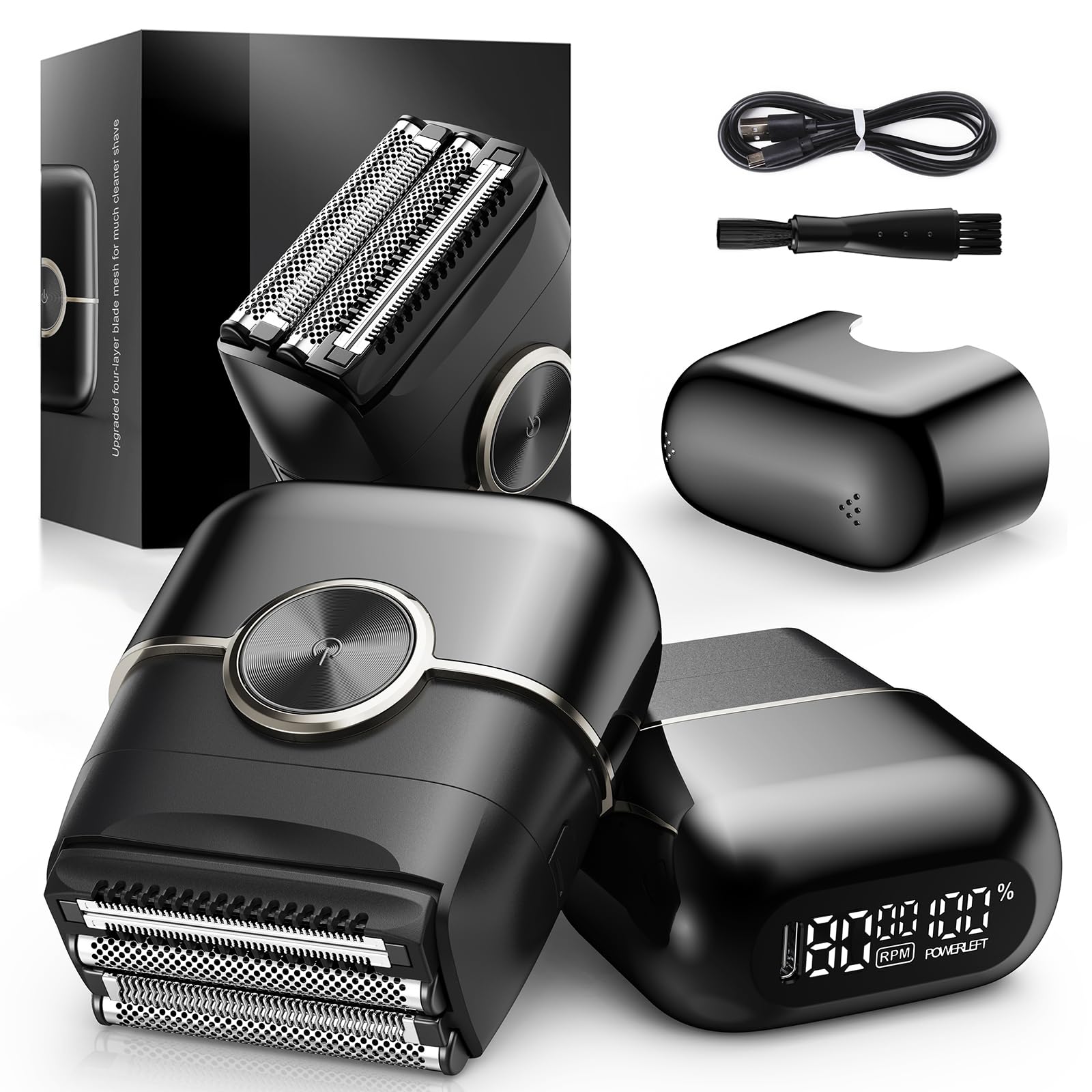 Electric Foil Shavers for Men: 4 Floating Blades & Dual Speed | Mini Electric Razors for Men With Wet or Dry - Cordless Razor with LED Display- Face Shaver with USB-C Charge & Travel Lock