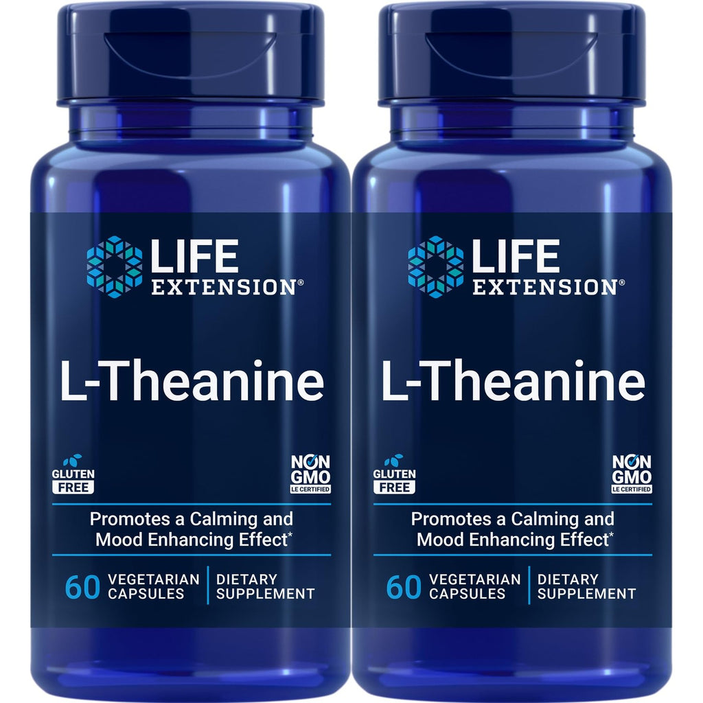 Life Extension L-Theanine, Amino Acid theanine, Calm, Relaxation, Mood, Gluten-Free, Non-GMO, Vegetarian, 200 mg, 60 Capsules | Amino Acid Theanine for Calm, Relaxation & Mood, Gluten-Free, Non-GMO & Vegetarian, 100 mg, 60 Capsules