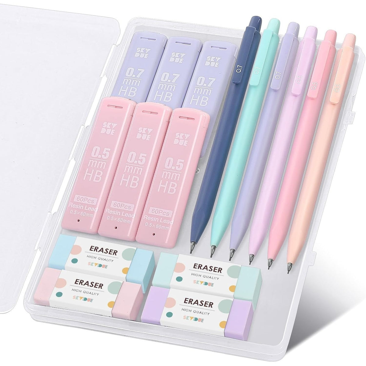 SKYDUE Cute Mechanical Pencils Set, 0.5mm & 0.7mm Mechanical Pencils, 360PCS HB Lead Refills, 4PCS Pastel Erasers, Pastel Aesthetic School Supplies for Writing, Drawing and Sketching