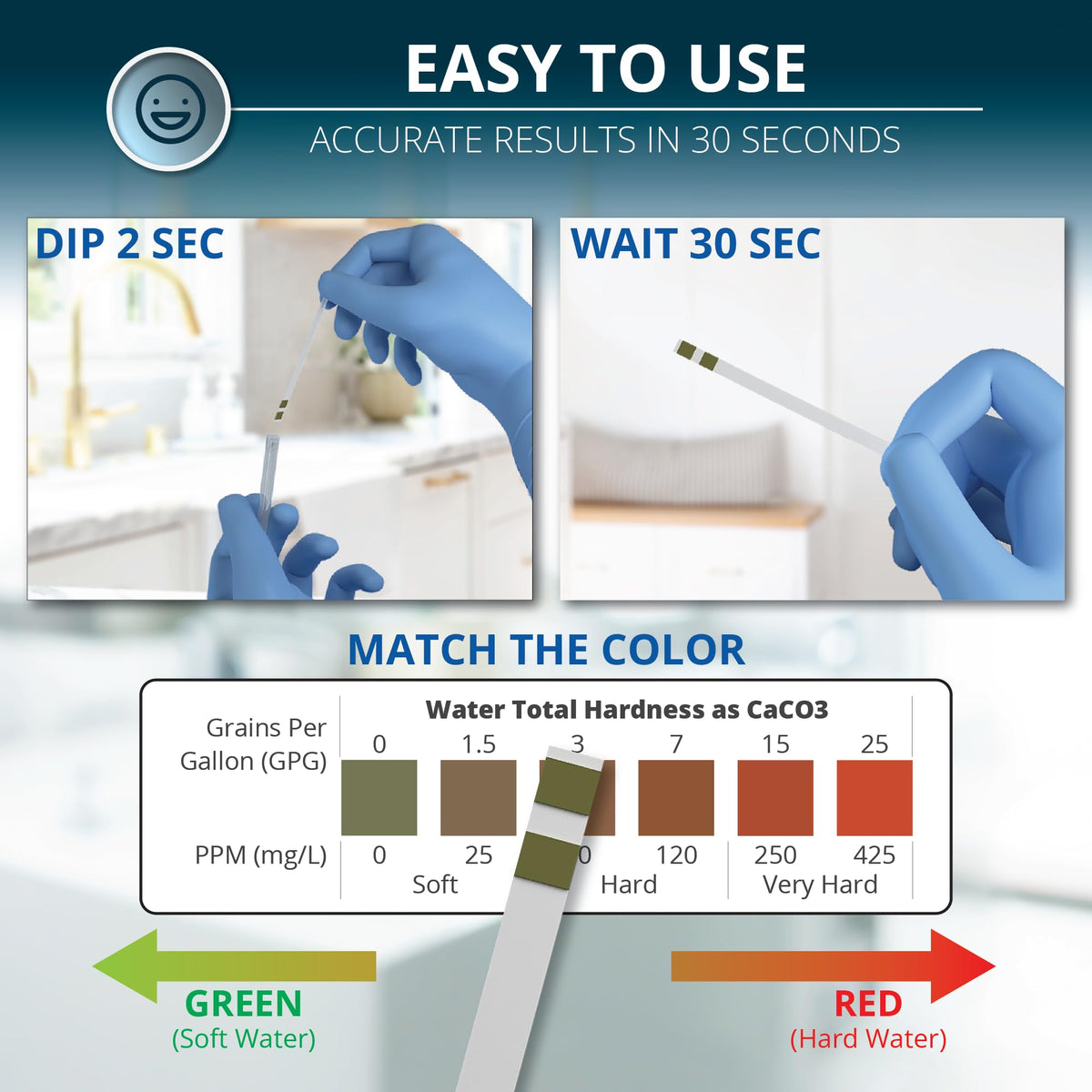 WeAQUA Water Hardness Test Kit - DoubleCheck 50 Strips - Hard Water Testing Kit – Tests Calcium & Magnesium (0–425 PPM) – for Tap, Well, Drinking, Pool, Spa & Dishwasher