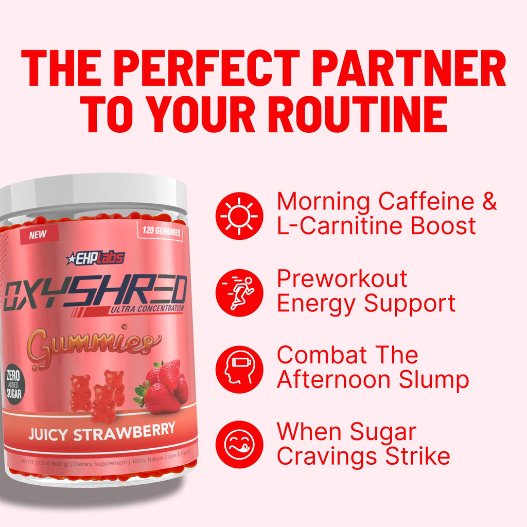 EHP Labs OxyShred Pre Workout Energy Gummies, Strawberry, 60 Servings | 100mg Natural Caffeine, 1000mg L-Carnitine, Vegan & Halal Friendly, No Artificial Colors, Zero Aspartame, HPLC Tested