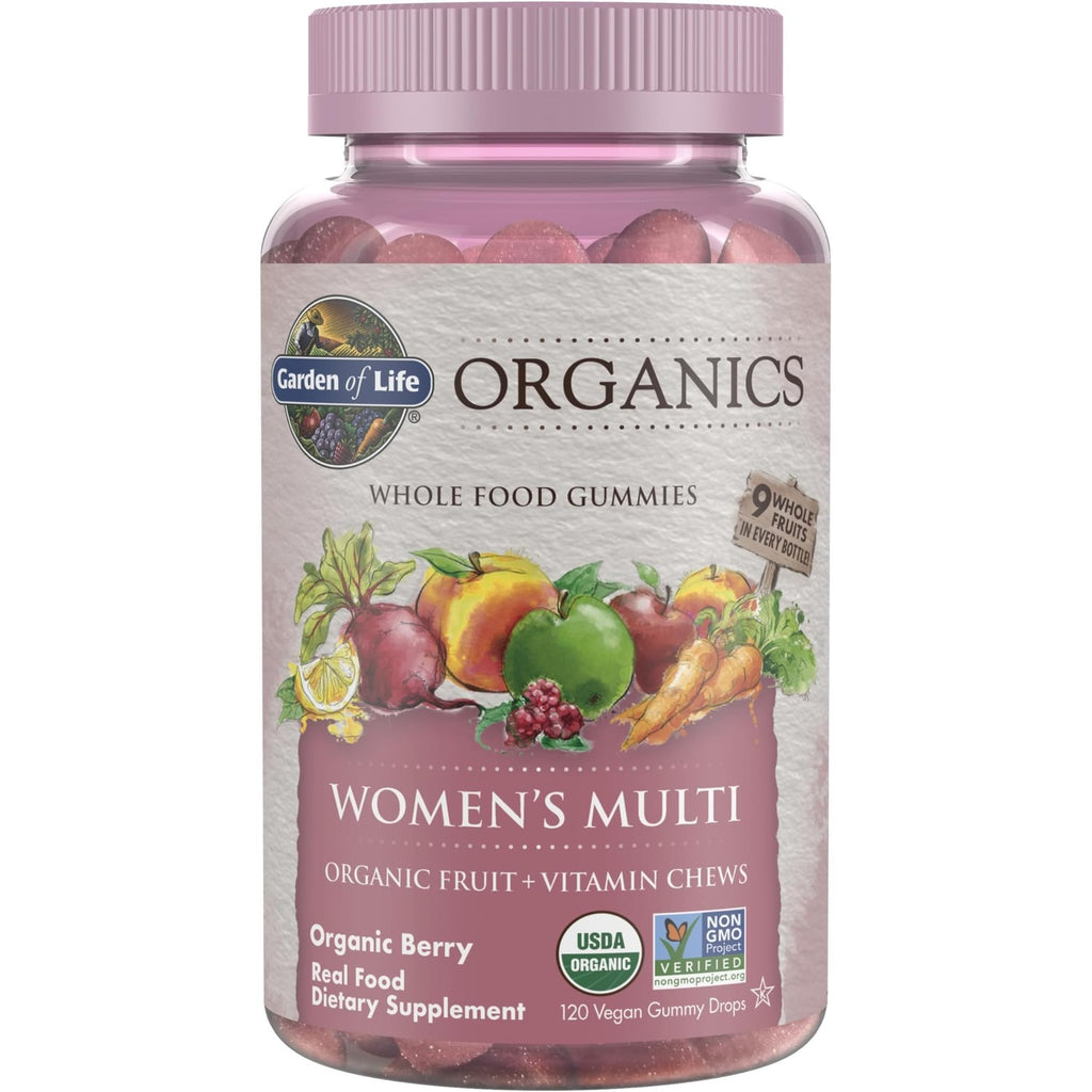 Garden of Life Organics Women's Gummy Vitamins - Berry - Certified Organic, Non-GMO, Vegan, Kosher Complete Multi - Methyl B12, C & D3 - Gluten, Soy & Dairy Free, 120 Real Fruit Gummies