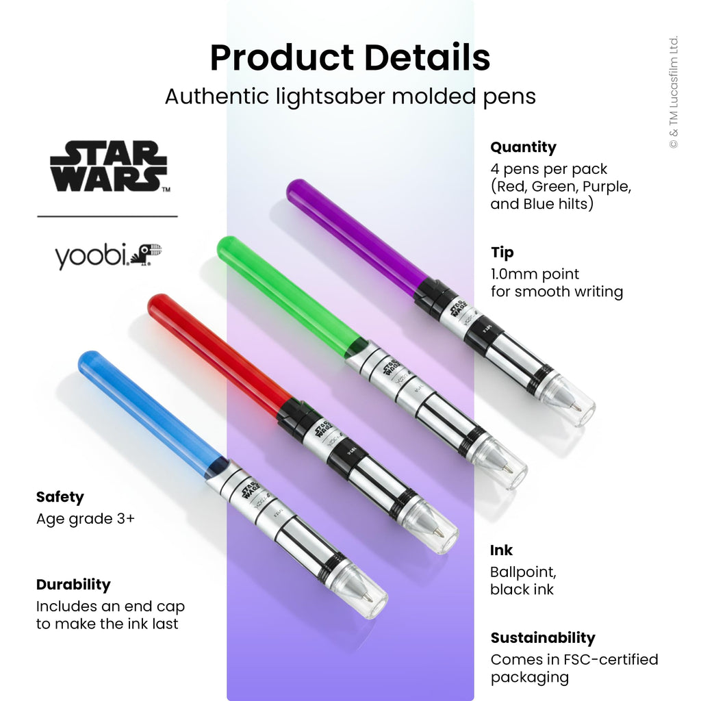 Yoobi x Star Wars Lightsaber Ballpoint Pens, Black Ink, Pack of 4, Teen & Adults