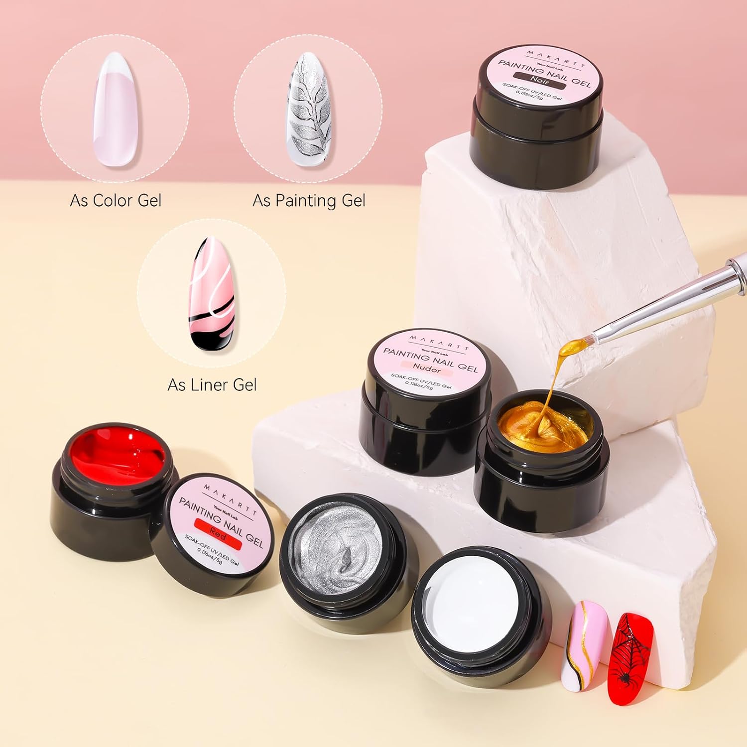 Buy now Makartt Gel Paint for Nail Art Set: 6 Colors No Wipe Solid Gel Polish for DIY Design at Home, Soak Off UV LED Manicure, Silver White Black Red Gold Nude at indiglob india