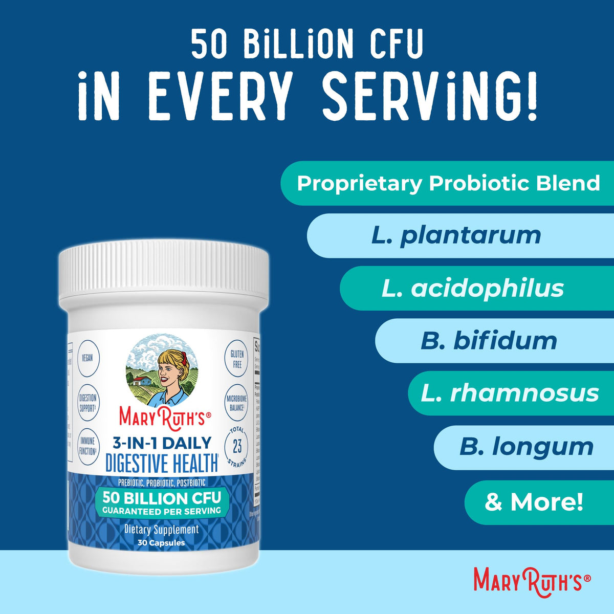 MARYRUTH'S 3-in-1 Probiotics for Digestive Health, 30 Servings
