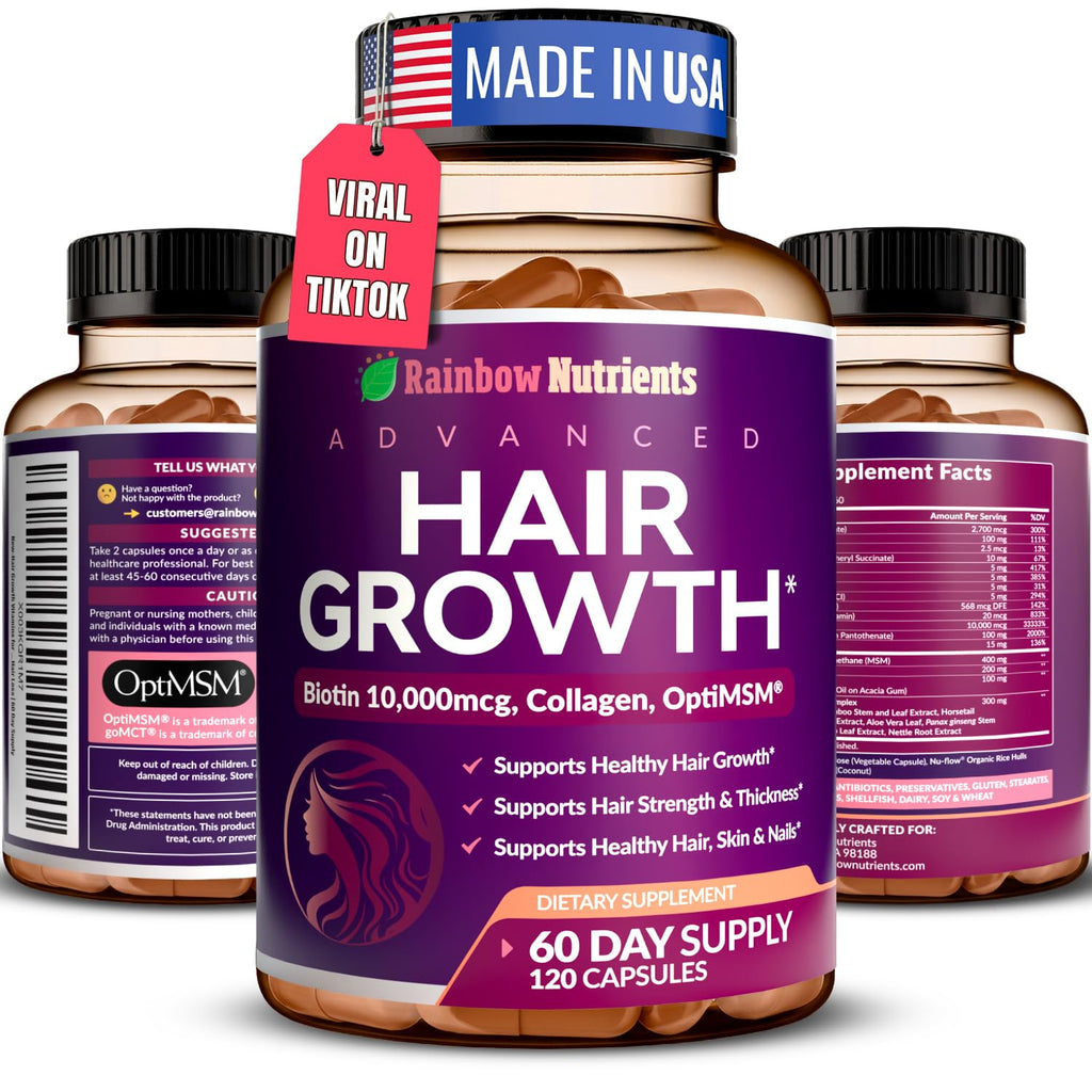 Hair Growth Vitamins for Women | Biotin 10,000mcg, Collagen, Patented OptiMSM®, goMCT®, Saw Palmetto | Naturally Supports Stronger & Healthier Hair, Skin and Nails |Non GMO + Made in USA|60 Day Supply