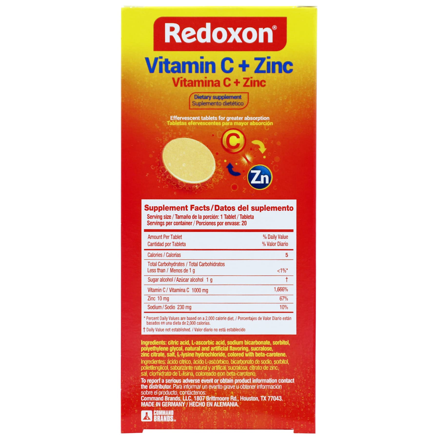 Redoxon Vitamin C + Zinc, Effervescent Tablets of Vitamin C and Zinc, Helps Support Your Immune System, Orange Flavor, 20 Effervescent Tablets, 2.82 Oz Box, (Pack of 4)