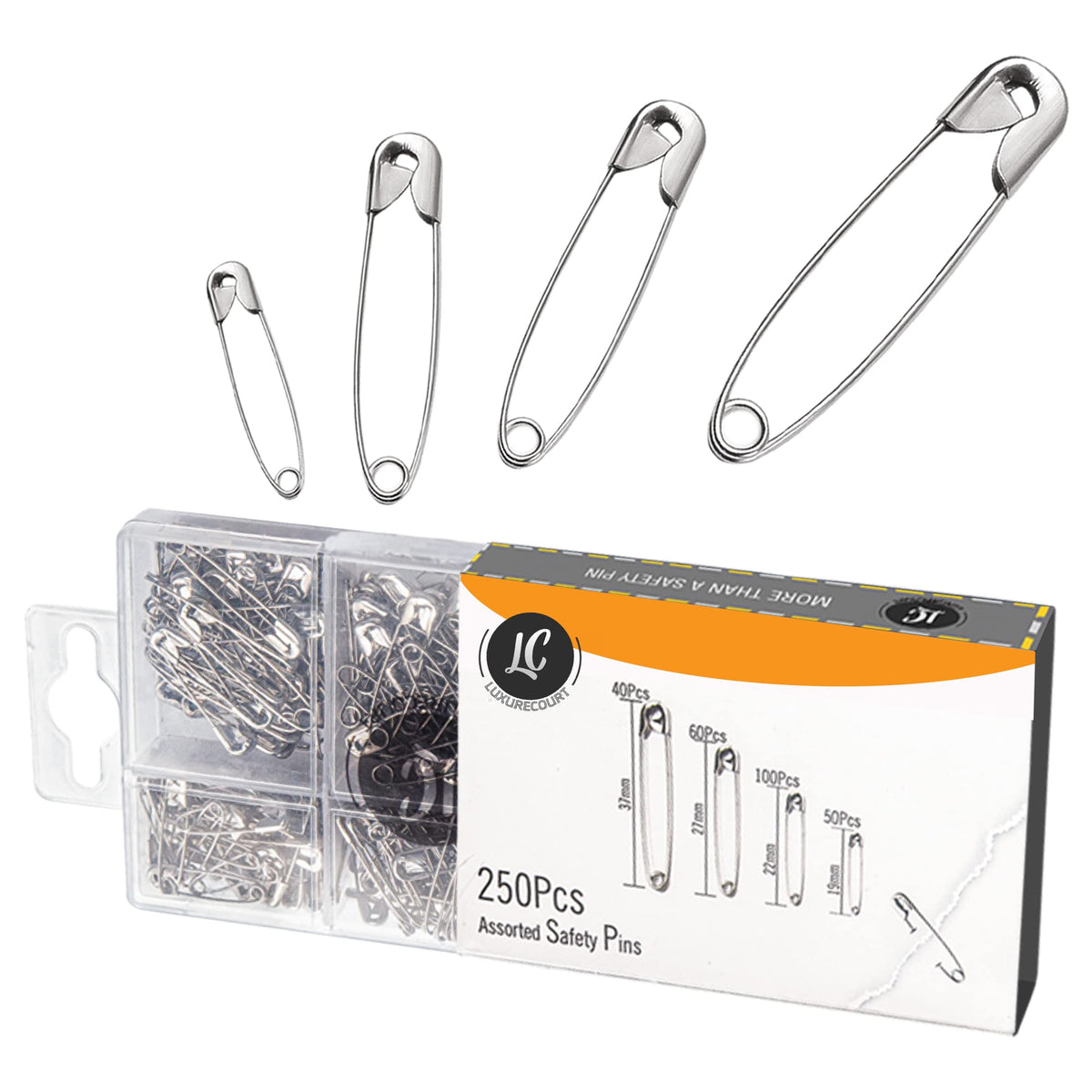 250 Pack Safety Pins by Luxurecourt, 4 Assorted Sizes of Durable, Silver Small and Large Safety Pins Bulk, Rust-Resistant Nickel Plated Steel, Sharp Edge Pins for Clothes, Sewing, Arts & Craft