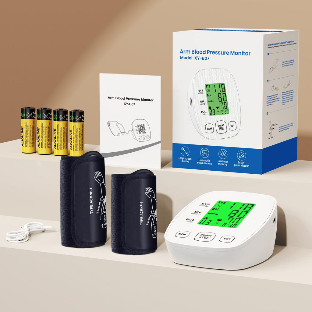 Arm Blood Pressure Monitor with 2 Cuffs, Pediatric Blood Pressure Cuff 6"-9"，Medium/Large Cuff 9"-16.5"， Includes 4 AAA Batteries