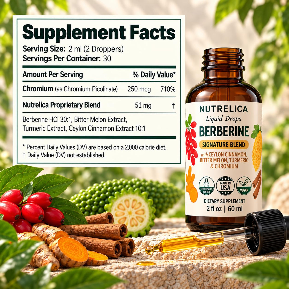 Berberine Complex with Ceylon Cinnamon, Bitter Melon, Turmeric & Chromium -1200mg - Liquid Herbal Supplement - Vegan, No Sugar, Non-GMO