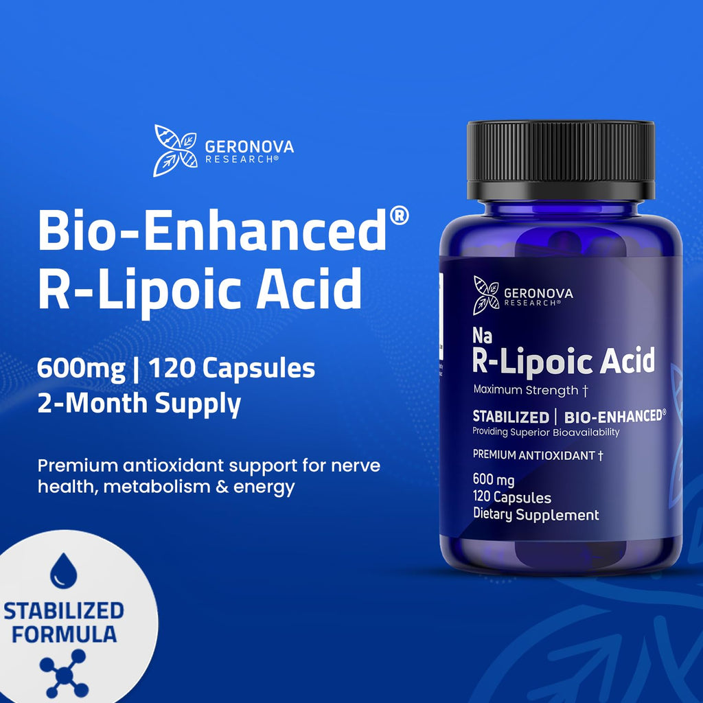 Geronova Research® Bio-Enhanced® R-Lipoic Acid - 600 mg, 120 Capsules