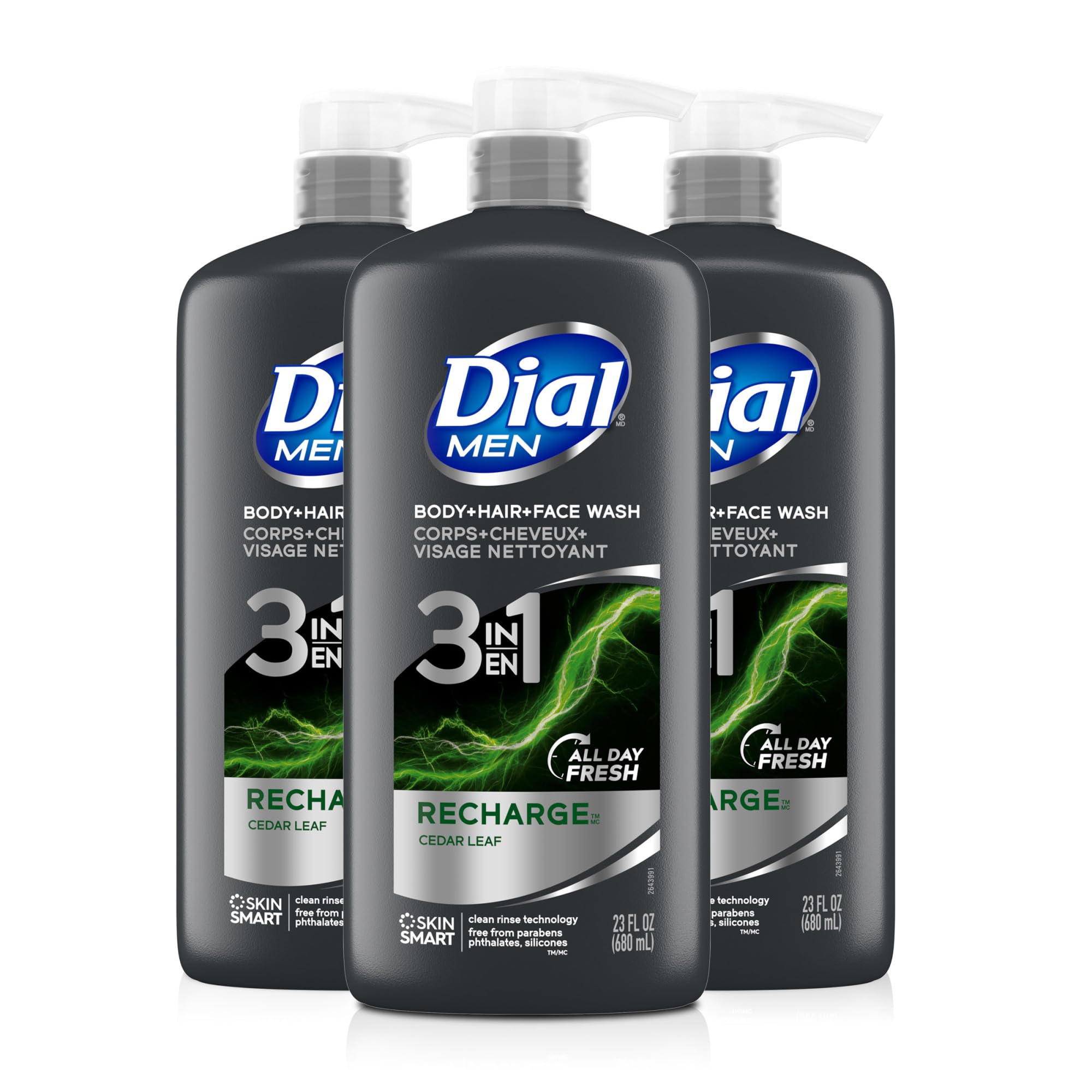 Dial Men 3-in-1 Body, Hair and Face Wash, Recharge, 23 Fl Oz, 3-Pack | Total 69 Fl Oz, clean rinse technology, moisturizing formula, includes 3 bottles, rich lather, suitable for daily use