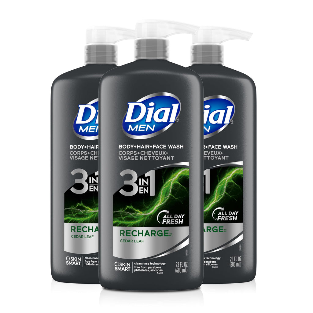 Dial Men 3-in-1 Body, Hair and Face Wash, Recharge, 23 Fl Oz, 3-Pack | Total 69 Fl Oz, clean rinse technology, moisturizing formula, includes 3 bottles, rich lather, suitable for daily use