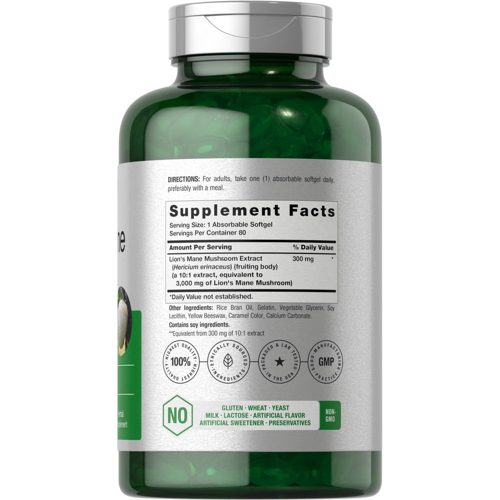 Horbäach Lions Mane Mushroom Supplement | 80 Softgel Capsules | Non-GMO & Gluten Free Extract Formula