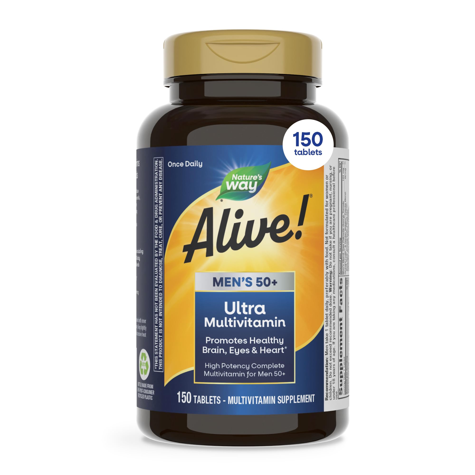 Nature's Way Alive! Men's 50 Plus Ultra Potency Multivitamin, 150 ct | Complete High Potency Formula with Vitamin D3, C, E, Methyl B12, Supports Cellular Energy, Heart, Brain, and Eye Health*