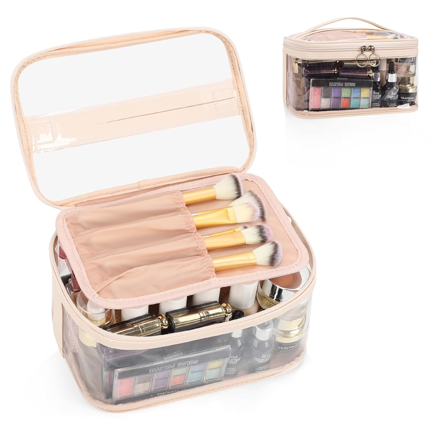 Buy now OCHEAL Makeup Bag, Double Layer Cosmetic Bag, Large Capacity New Look Clear Cosmetic Case for Women Travel Beauty Essentials, Multiple Compartments Makeup Case Organizer Zipper Pouch -Black Large 01_Begie at indiglob india