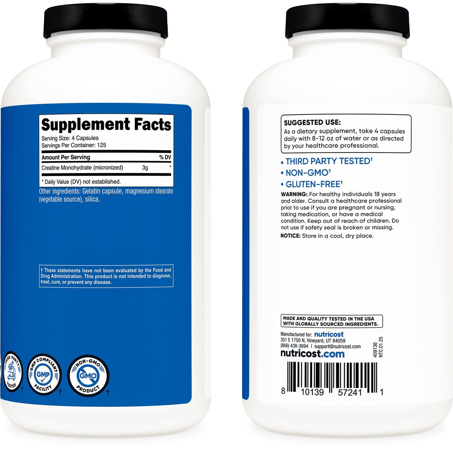 Nutricost Micronized Creatine Monohydrate (3,000mg) 500 Capsules | 125 Servings, 750mg Creatine Per Capsule