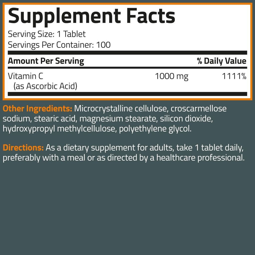 Bronson Vitamin C 1000 mg as Ascorbic Acid, 100 Vegetarian Tablets | Extra Strength Formula, Supports a Healthy Immune System, Non-GMO, Gluten-Free & Soy-Free