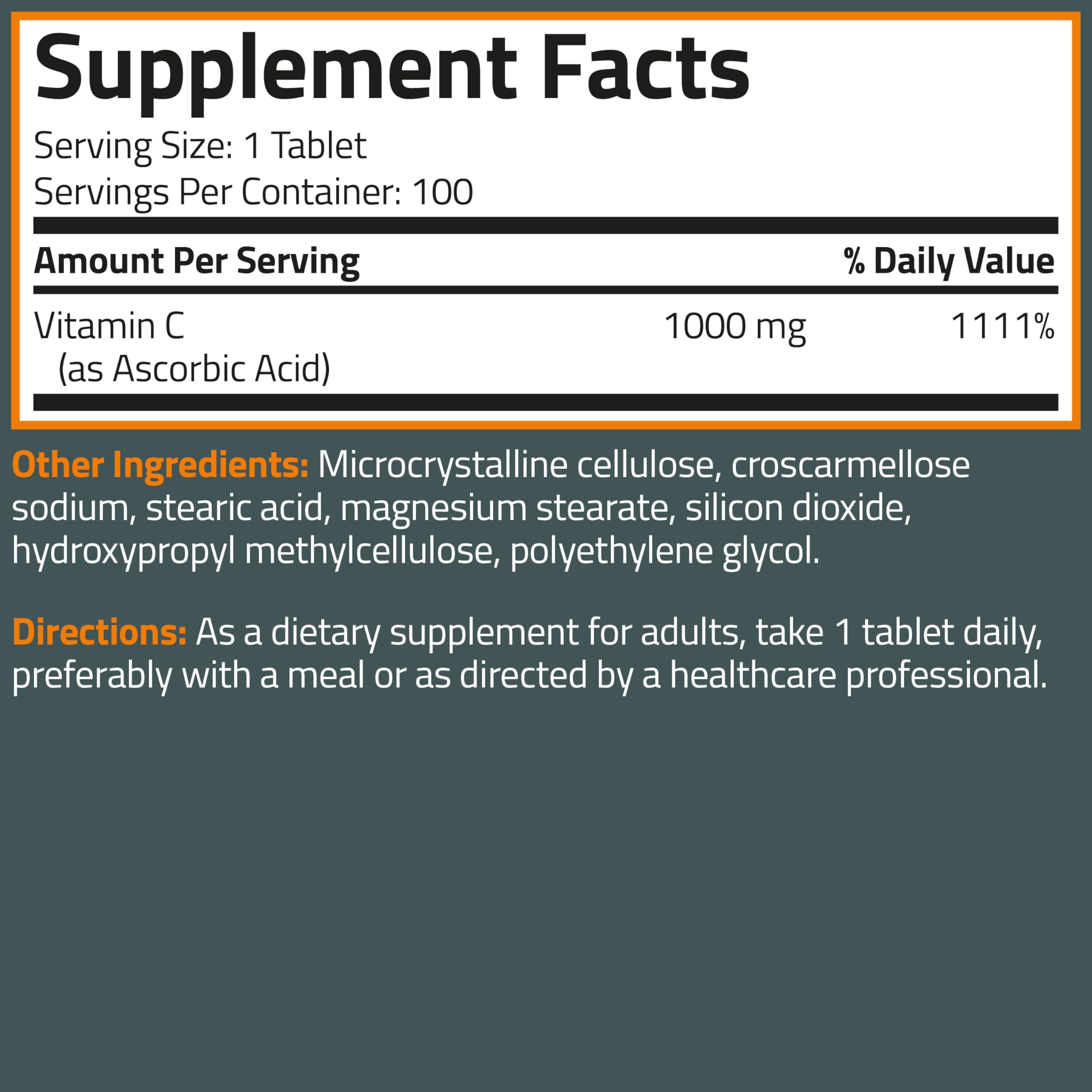 Bronson Vitamin C 1000 mg as Ascorbic Acid, 100 Vegetarian Tablets | Extra Strength Formula, Supports a Healthy Immune System, Non-GMO, Gluten-Free & Soy-Free