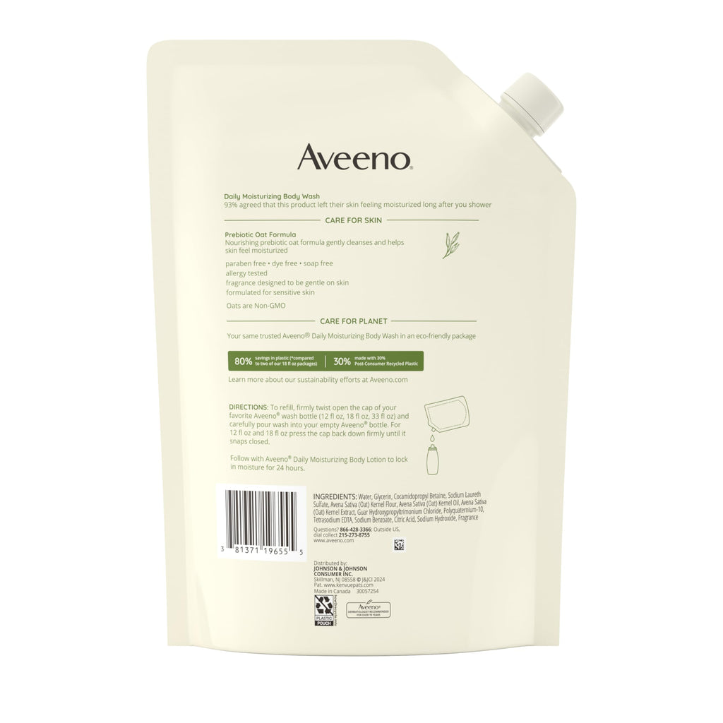 Aveeno Daily Moisturizing Body Wash Refill Pouch, 36 fl. oz | For Sensitive Skin, Light Fragrance, Formulated with Prebiotic Oat, Gently Cleanses, Nourishes Dry Skin