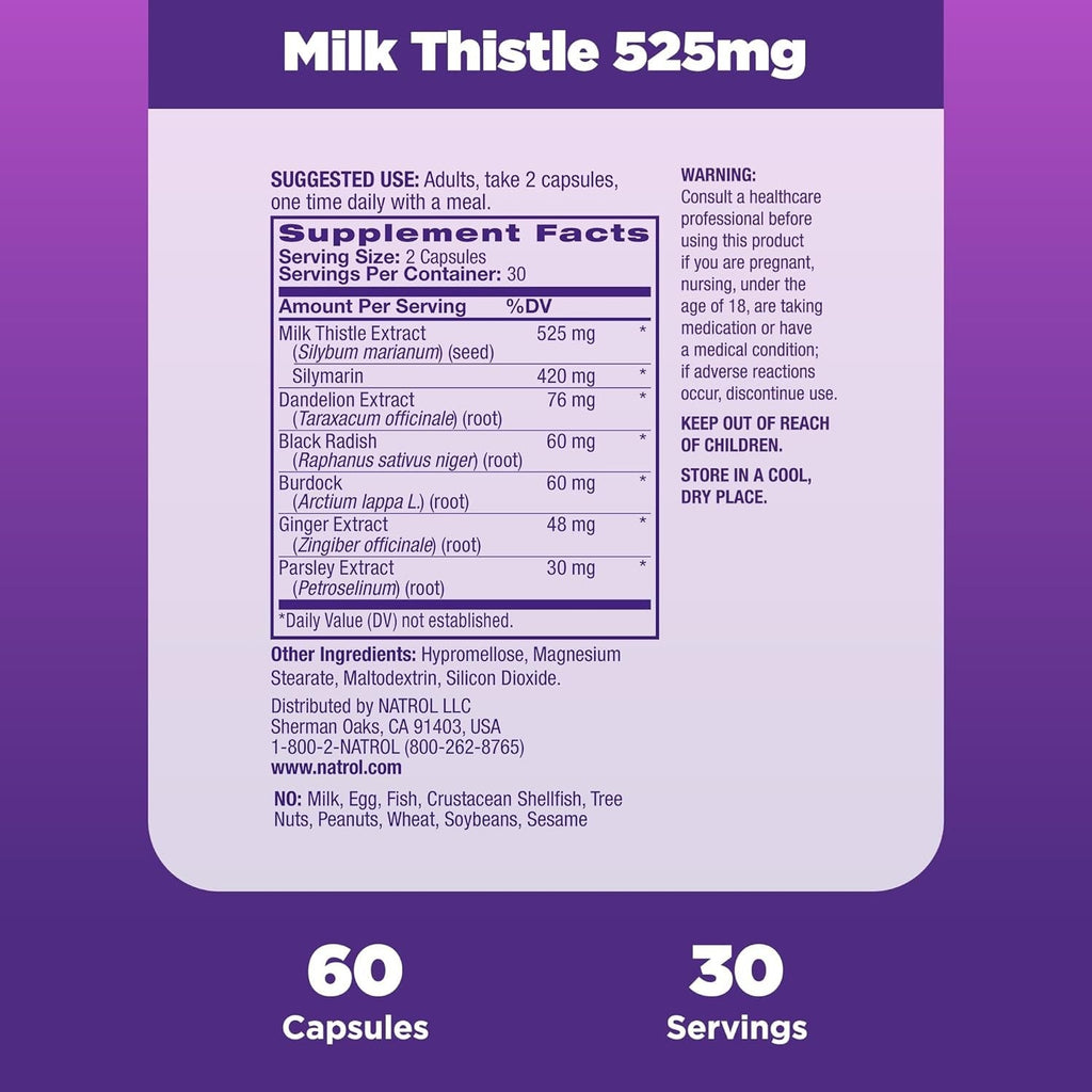 Buy now Natrol Milk Thistle 525 mg per Serving, Dietary Supplement for Digestive Health, Milk Thistle Supplement, 60 Capsules, 30 Day Supply at indiglob india